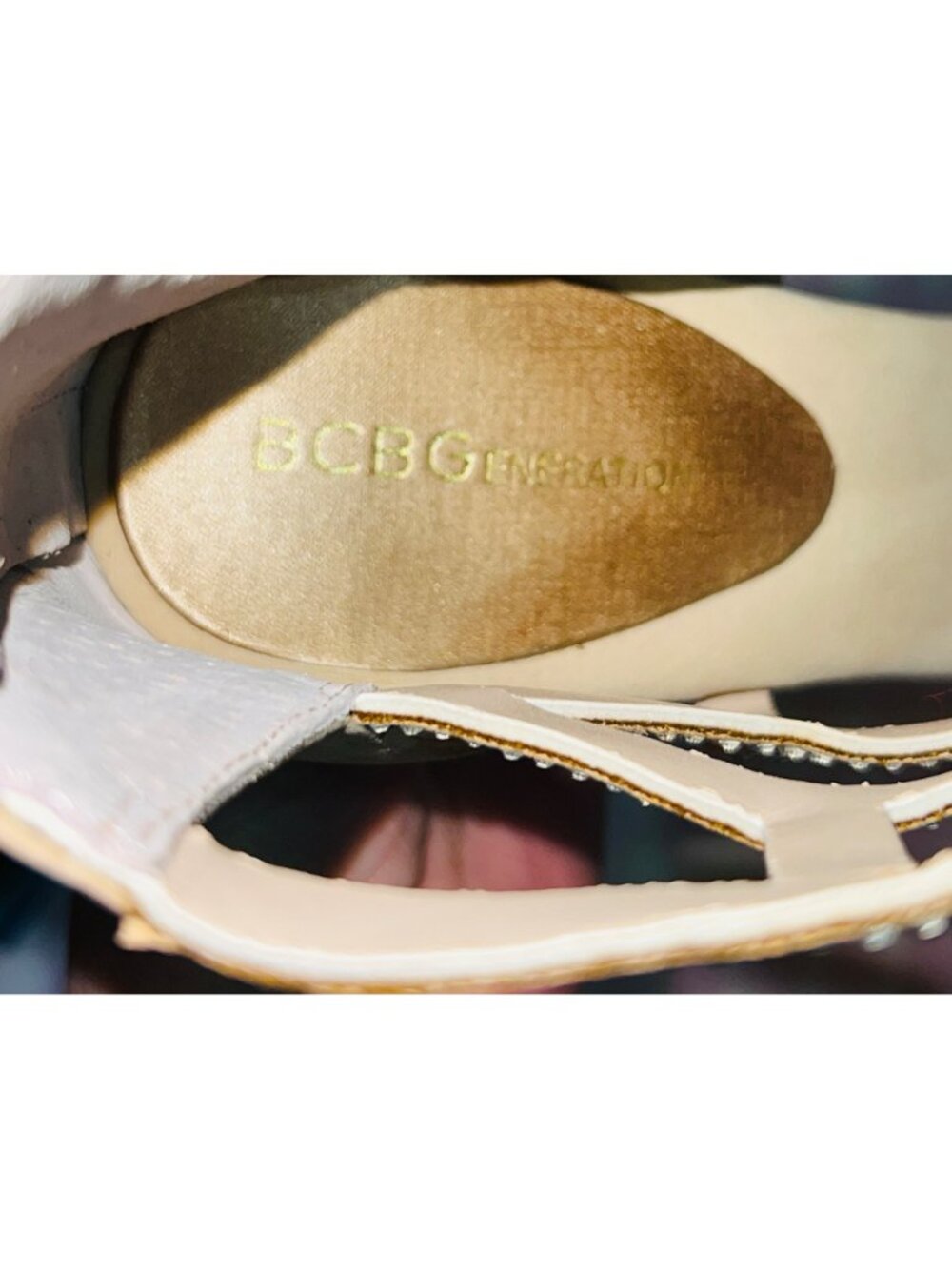 BCBGGeneration 7.5M Women’s Gold Rhinestone Suede High Heel Sandals Back Zipper - Picture 4 of 8